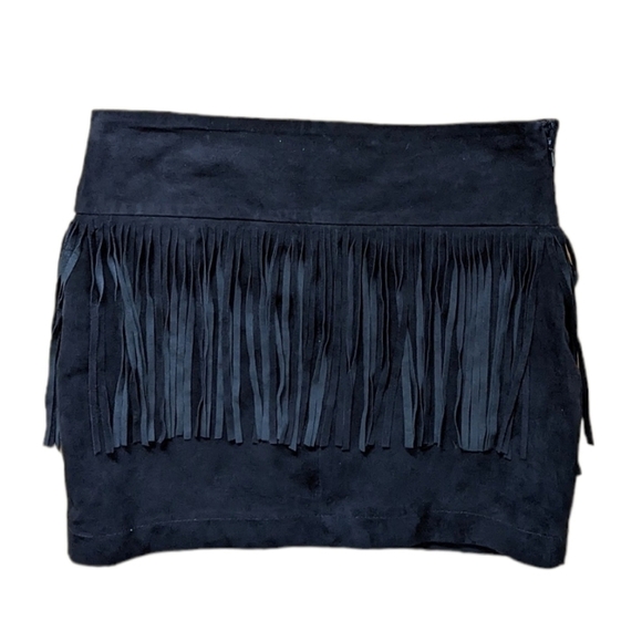 Mango genuine leather fringe mini skirt western style black size 2 T3 - Picture 1 of 8